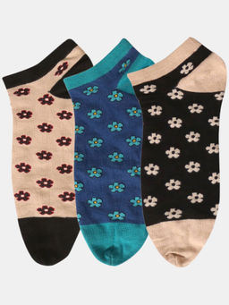 NEXT2SKIN - Women Beige Blue & Black Cotton Thumb Floral Pattern Socks (Pack of 3)
