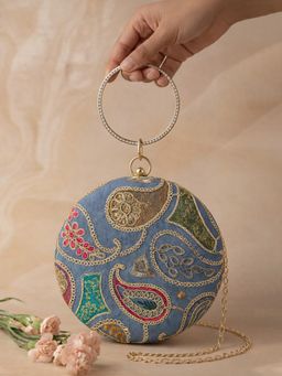 ARTKLIM - Royal Blue Round Embroidered Clutch