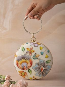 ARTKLIM - White Floral Round Embroidered Clutch