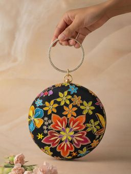 ARTKLIM - Royal Black Floral Round Embroidered Clutch