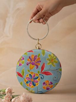 ARTKLIM - Blue Floral Round Embroidered Clutch