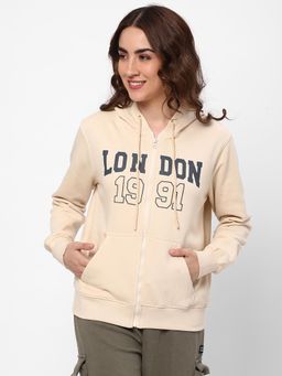 R&B - Beige Typography Printed Hooded Sweatshirt