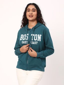 R&B - Teal Typography Printed Hooded Sweatshirt