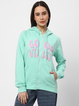 R&B - Sea Green and Pink Typography Printed Hooded Sweatshirt