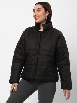 R&B - Black Solid Regular Puffer Jacket