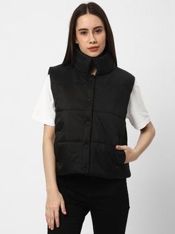 R&B - Black Sleeveless High Neck Puffer Jacket