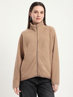 R&B - Beige Fleece Solid Relaxed Women Jacket