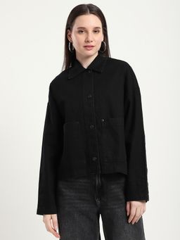 R&B - Black Solid Relaxed Collared Jacket