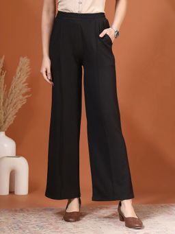 FITHUB - Women Black Solid Wide Leg Formal Trousers