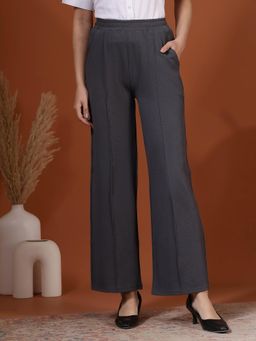 FITHUB - Women Grey Solid Wide Leg Formal Trousers