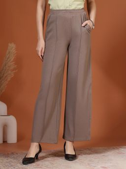 FITHUB - Women Taupe Solid Wide Leg Formal Trousers