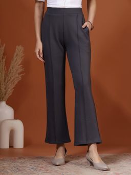 FITHUB - Grey High-Rise Flat Front Formal Trousers