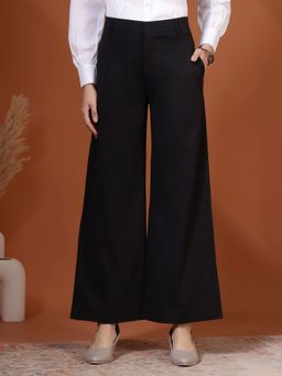 FITHUB - Women Black Solid High-Rise Formal Trousers