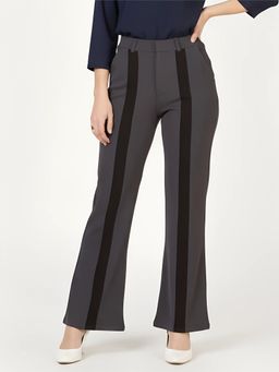 FITHUB - Women Grey High-Rise Vertical Panel Straight Trousers