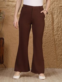 FITHUB - Women Brown High-Rise Bootcut Formal Trousers