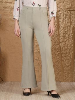FITHUB - Women Green Bootcut High-Rise Formal Trousers