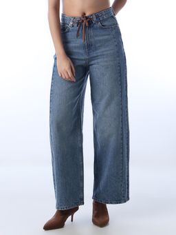 ONLY - Women Solid Wide Leg Blue Jeans