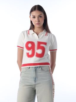 ONLY - White and Red Typo Printed Crop Polo T-Shirt