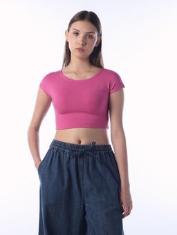 ONLY - Pink Solid Crop T-Shirt