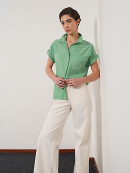 FABLE STREET - Green and White Half Sleeve Striped Shirt