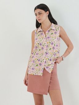 FableStreet - White and Purple Cotton Relaxed Fit Sleeveless Shirt