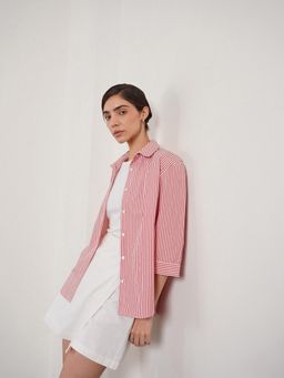FABLE STREET - Pink and White Striped Relaxed Fit Three-Quarter Sleeve Shirt