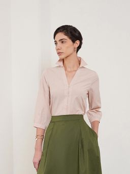 Fable Street - Beige Solid Puff Sleeves Stylised Collared Shirt