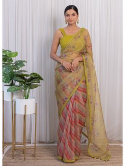 Label Kanupriya - Ochre Green Floral & Stripes Organza Saree with Unstitched Blouse