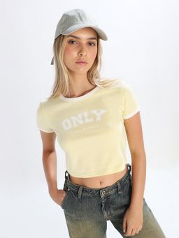 ONLY - Women Typographic Regular Fit Yellow Crop T-Shirt