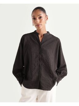 RAREISM - Dove Brown Viscose Blend Band Collar Button Regular Blouse