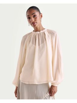 RAREISM - Holto Beige Viscose Blend Round Neck Relaxed Blouse