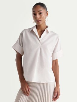 RAREISM - Kasa Off White Cotton Blend Johnny Collar Regular Plain Top