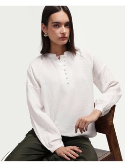 RAREISM - Rudin White Cotton Band Collar Relaxed Blouse