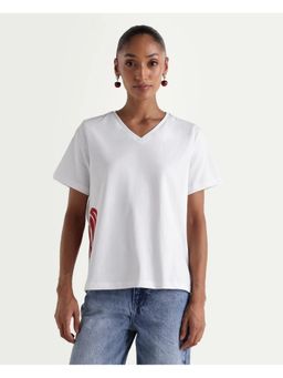 RAREISM - Zay White Cotton V-Neck Typography Print T-Shirt