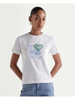 RAREISM - Women Zera White Cotton Crew Neck Graphic Print T-Shirt