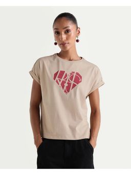 RAREISM - Beige Cotton Pull-On Relaxed Monogram Print T-Shirt
