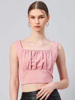 RARE - Women Casual Peach Colour Square Neck Solid Fitted Top