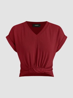 Cider - V-neck Solid Ruched Crop Top
