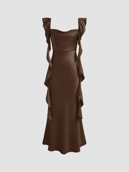 Cider - Satin Cowl Neck Solid Ruffle Hem Maxi Dress