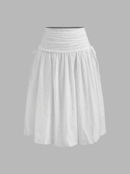 Cider - 100% Cotton Broderie Anglaise Bubble Hem Knotted Ruffle Midi Skirt