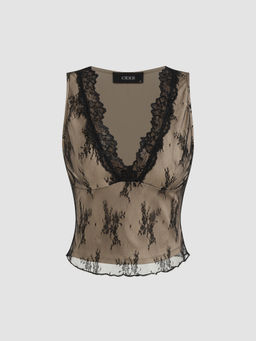 Cider - Lace V-neck Floral Lettuce Trim Tank Top