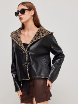 Cider - Faux Shearling Hooded Jacket With Leopard Lining