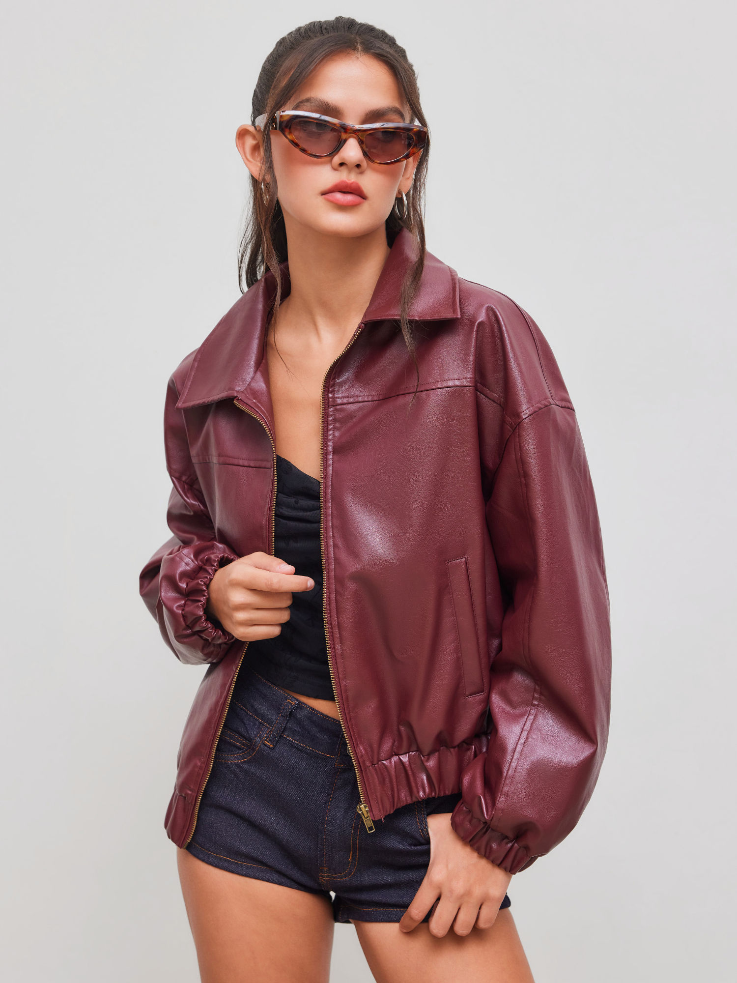 cider Faux Leather Collar Solid Pocket Zipper Bomber Jacket-picture-25