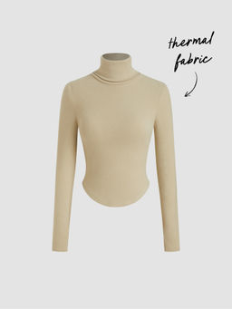 Cider - Thermal Cotton-blend High Neck Thumb Hole Solid Long Sleeve Tee