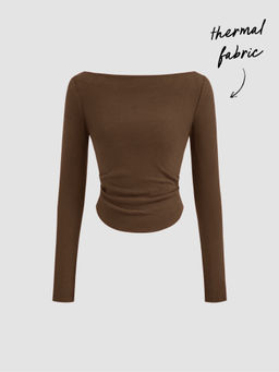 Cider - Thermal Cotton-blend Boat Neck Solid Ruched Long Sleeve Tee