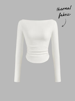 Cider - Thermal Cotton-blend Boat Neck Solid Ruched Long Sleeve Tee
