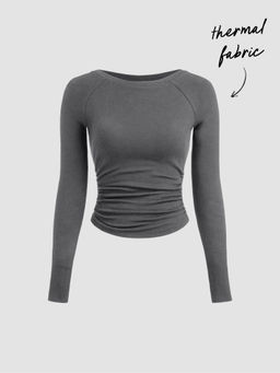 Cider - Thermal Cotton-blend Boat Neck Solid Ruched Long Sleeve Tee