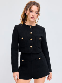 Cider - Tweed Round Neckline Solid Button Pocket Jacket