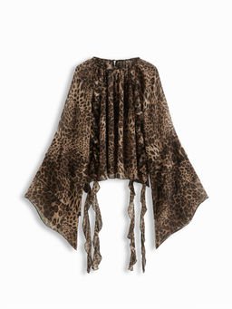 Cider - Chiffon Ruffle Hem See-through Bell Sleeve Blouse