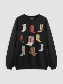 Cider - Cotton-blend Round Neckline Boots Graphic Oversized Sweatshirt